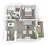 Modern open-concept floor plan featuring a spacious bedroom, inviting living area, stylish kitchen, and cozy balcony.