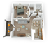 Modern 3D floor plan showcasing a cozy bedroom, stylish living room, and elegant kitchen with dining area, plus an inviting balcony space.