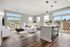 Bright, modern living area with hardwood floors, elegant decor, and large windows offering scenic outdoor views.
