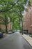 Charming city street lined with lush trees and classic brick apartment buildings, offering a serene urban living experience.