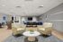 Bright and contemporary shared space featuring plush seating, modern decor, and a versatile meeting area with stylish blue chairs.