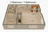 2 bedroom, 1 bathroom layout with a cozy living area, a stylish kitchen, and a designated dining space.