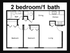 Modern 2D floor plan with 2 bedrooms, 1 bath, open dining area, and efficient kitchen layout.