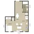 Contemporary floor plan showcasing 1 bedroom, a cozy living area, modern kitchen, and a well-appointed bath.