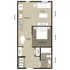 Chic and efficient floor plan featuring one-bedroom, open living area with kitchen, dining space, and a stylish bathroom. Perfect for modern living.