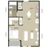 Modern one-bedroom floor plan featuring open-concept living area, cozy kitchen, and spacious bath, ideal for stylish city living.