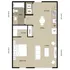 Inviting 1-bedroom apartment floor plan with open-concept living, dining, and kitchen areas, featuring a spacious bath and convenient closet space.