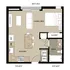 Chic studio floor plan featuring open-concept living and bedroom area, modern kitchen with island, spacious bathroom, and convenient closet space.