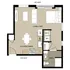Chic studio apartment floor plan featuring a combined living and bedroom area, modern kitchen/dining, and a compact bathroom.