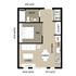 Modern 1-bedroom apartment floor plan featuring an open living area, well-equipped kitchen, cozy dining space, and convenient in-unit laundry.