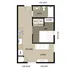Chic floor plan showcasing a cozy studio with an open living and kitchen area, a spacious bedroom, a full bath, and in-unit laundry.