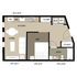 Modern floor plan showcasing an efficient studio layout with an open kitchen, cozy living area, and spacious bedroom. Includes a well-designed bathroom and ample closet space.