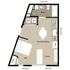 Modern and efficient floor plan featuring one bedroom, an open kitchen/dining area, a cozy living space, and a stylish bathroom.