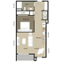 Modern floor plan showcasing a 1-bedroom apartment with open-concept living, dining, and kitchen area; includes a spacious bath and closet.