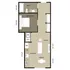 Chic 1-bedroom floor plan featuring an open-concept living and dining area, modern kitchen, and stylish bathroom.