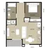 Modern floor plan showcasing 1 bedroom, a cozy living room, and an efficient kitchen layout. Includes bath and dining space in a compact design.