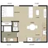 Charming floor plan showcasing a cozy 1-bedroom suite with a well-designed kitchen, inviting living and dining area, stylish bath, and convenient closet space.