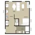 Modern one-bedroom apartment floor plan with open-concept kitchen, dining, and living area, featuring a spacious bedroom and bathroom, ideal for stylish urban living.