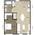 Modern apartment floor plan featuring 1 spacious bedroom, open kitchen with dining area, cozy living room, and elegant bathroom.