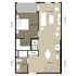 Contemporary floor plan showcasing 1 bedroom, open-concept living and kitchen area, and practical storage spaces.