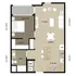 Modern floor plan featuring 1 bedroom with attached closet, spacious open-plan living and dining area, and a fully equipped kitchen with washer/dryer.