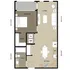Modern apartment floor plan showcasing one bedroom, open living area, and sleek kitchen with dining space.