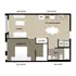 Chic floor plan showcasing 1 bedroom, spacious living area, and modern kitchen/dining with in-unit laundry.