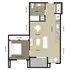Modern 1-bedroom apartment floor plan featuring an open-concept kitchen, dining, and living area with ample closet space.
