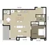 Modern apartment floor plan featuring an open-concept kitchen and dining area, a cozy living room, one bedroom with attached closet, and a spacious bathroom.