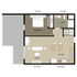 Modern floor plan showcasing a 1-bedroom apartment with an open-concept kitchen and living area, including a spacious patio and convenient laundry amenities.