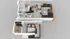 Modern 3D floor plan showcasing an elegant layout with a cozy bedroom, stylish open kitchen, and spacious living area with chic furnishings.