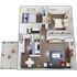 Modern floor plan showcasing 2 spacious bedrooms, a stylish living room, a chic kitchen, and an inviting outdoor patio.