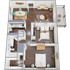 Charming 3D apartment floor plan showcasing 2 cozy bedrooms, a modern kitchen, elegant living area, and a private balcony.