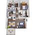 Modern 3D floor plan showcasing 3 bedrooms, cozy living area, stylish kitchen, and a charming outdoor patio.