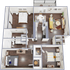 Modern 3D floor plan with 3 bedrooms, stylish open living and dining area, and elegant wood flooring.