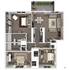 Elegant 3D floor plan featuring 3 bedrooms, 2 bathrooms, an open-concept living and dining area, and a modern kitchen, with access to a cozy outdoor patio.