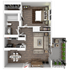 Modern floor plan showcasing a spacious one-bedroom apartment with a cozy living area, elegant dining space, contemporary kitchen, and inviting outdoor patio.