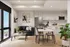 Chic modern apartment with open-plan kitchen and cozy living area, featuring stylish decor, elegant dining set, and large windows with scenic views.