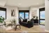 Luxurious living room with modern decor, featuring elegant hardwood floors, sleek black sofa, and panoramic city views through large windows.