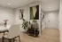 Elegant dining area showcasing modern art, chic serving cart, and stylish decor with a glimpse into a sleek kitchen.