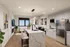 Modern open-concept kitchen and living area featuring sleek white cabinetry, marble island with bar seating, and stylish decor with vibrant artwork.