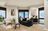 Modern living room with sleek black and white furniture, large windows offering panoramic views, and elegant decor highlighting natural light.