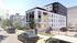 Modern urban apartment building with stylish design, featuring large windows and sleek black and white exterior. Situated in a lively neighborhood with convenient parking.