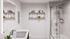 Modern bathroom with elegant glass shower, sleek marble countertop, and stylish shelving with decor accents.