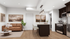 Modern apartment interior featuring an elegant open kitchen with a chic breakfast bar, sleek stainless steel appliances, and a cozy living area with tasteful decor.
