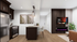 Contemporary open-plan kitchen and living area with sleek cabinetry, stylish pendant lighting, wall art, and a modern electric fireplace beneath a mounted TV.