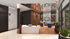 Elegant modern lobby with stylish reception desk, cozy seating area, and lush greenery.