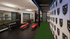 Modern gym with mirrored walls, vibrant red benches, sleek treadmills, and a distinctive logo wall, offering a dynamic workout environment.