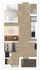 Contemporary one bedroom apartment floor plan featuring an open living area with modern kitchen, cozy bedroom nook, and stylish bathroom, including in-unit washer and dryer.
