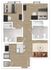 Modern floor plan showcasing 2 bedrooms, 2 bathrooms, an open kitchen, and a cozy living area with mounted TV.
